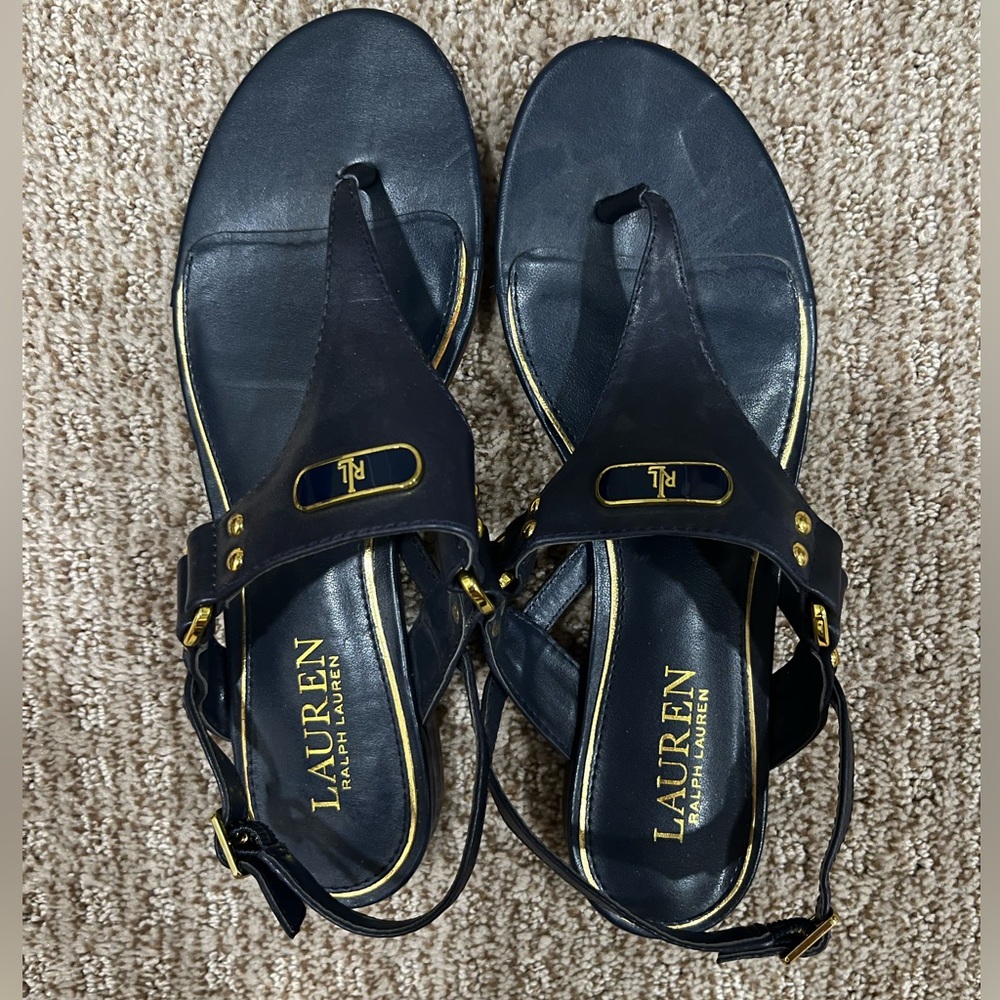 Lauren Ralph Lauren Black T-Strap Sandals with Gold Hardware